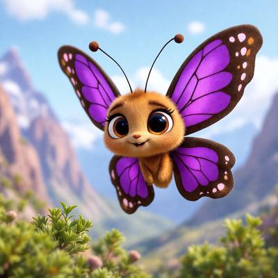 The primary subject of the image is a small purple butterfly with big eyes, flying in the air. The setting is a mountainous landscape, with a mountain range visible in the background. The visual style is a combination of photo and digital art, creating a whimsical and playful atmosphere. The colors are predominantly purple and green, with the purple butterfly being the main focus of the image.